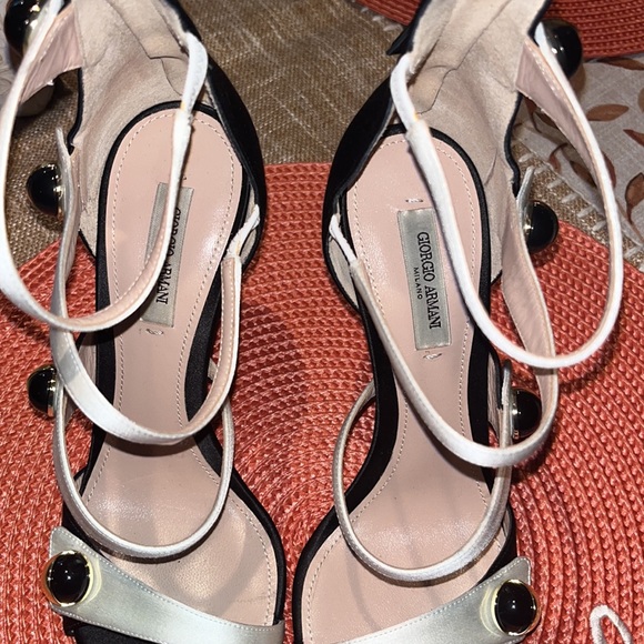 Giorgio Armani Satin Multi Strap Stiletto Black and White Zip Closure Heels 6.5 - Picture 7 of 13